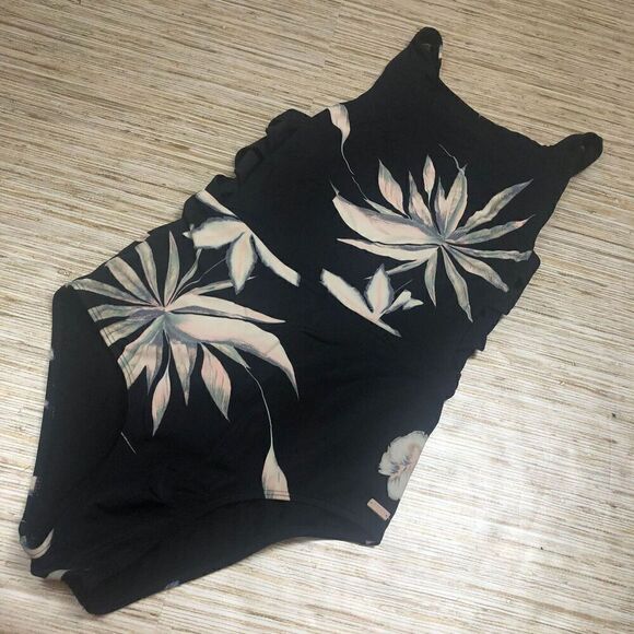 3466 ROXY high neck laced sides One-Piece Swimsuit BLACK TROPICAL sz S - Picture 1 of 2